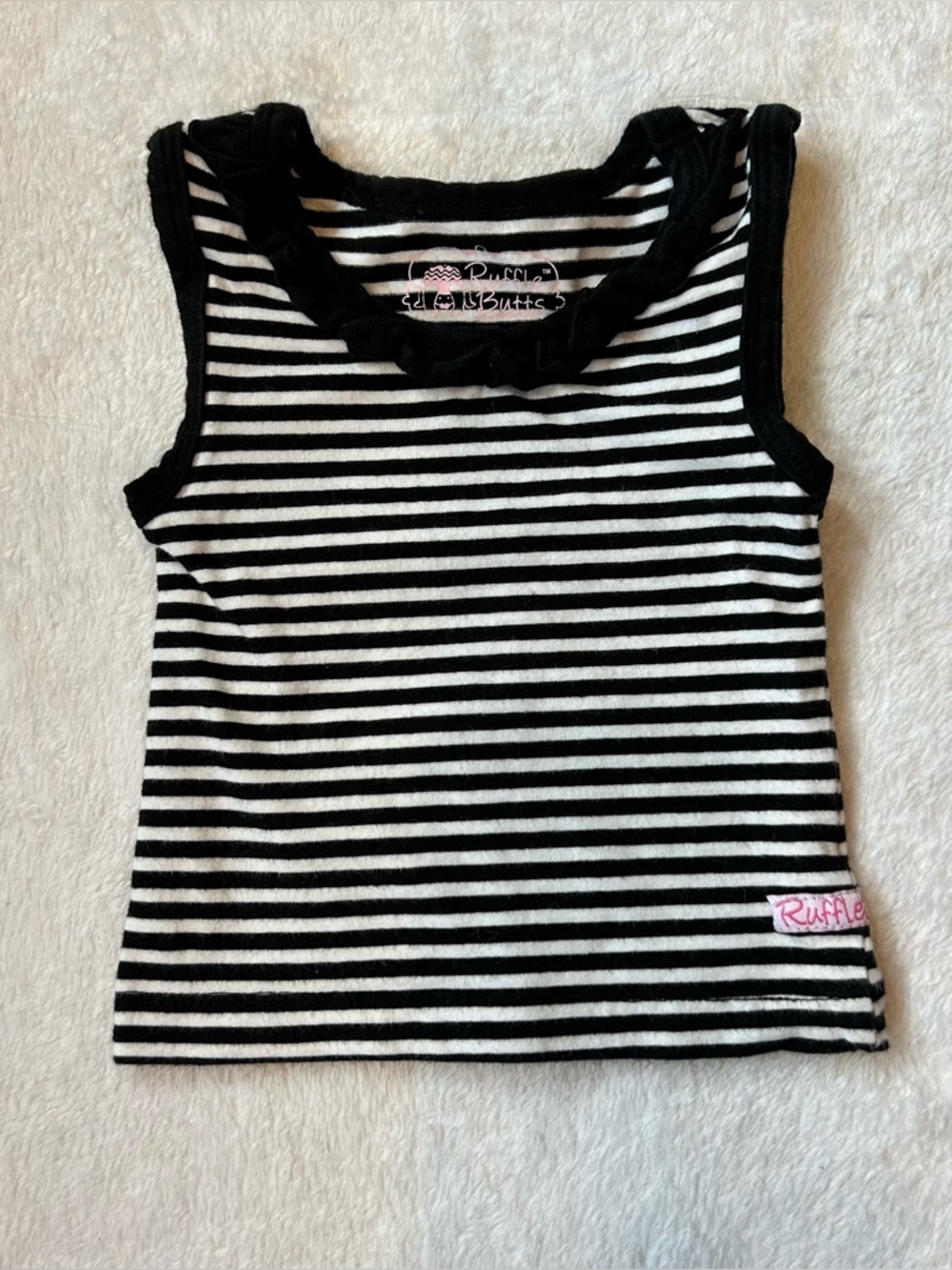 3/$18 Ruffle Butts Black & White Striped Ruffle Tank | 3-6 months | Cotton/lycra